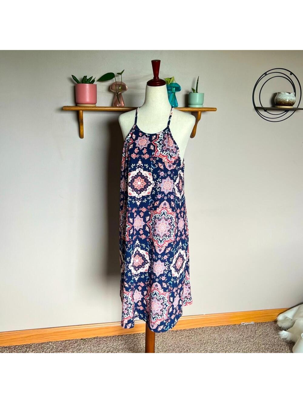 French Grey Navy Medallion Paisley Halter Swing Dress Stretch Boho Beachy